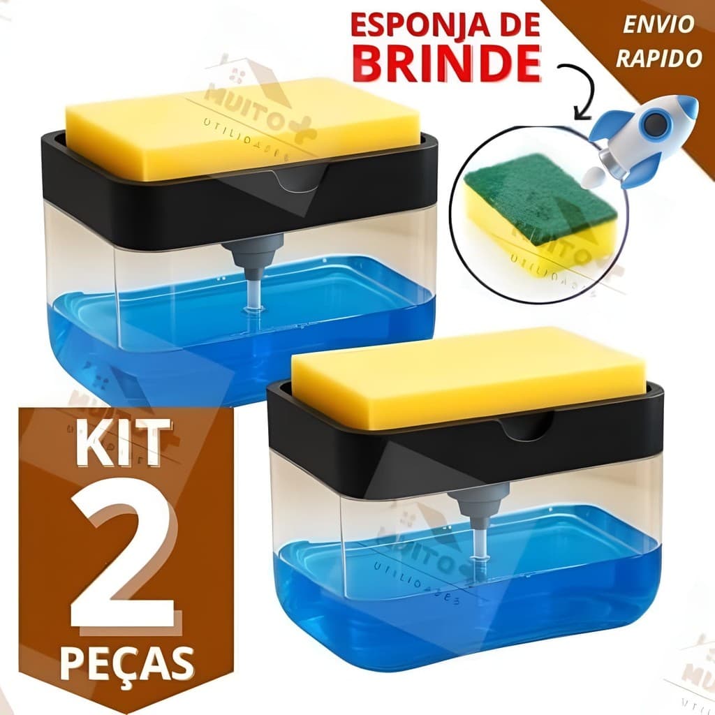Kit 2 Dispenser de Detergente 2x1 Porta Sabão Líquido com Suporte Bucha Esponja Limpeza Cozinha