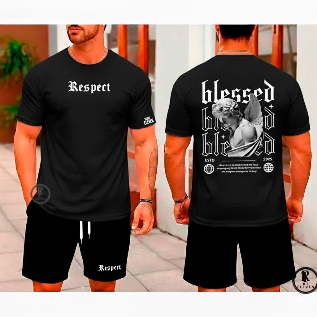Kit Conjunto Blessed Camiseta Masculina 100% Algodão + Bermuda Moletom Lançamento Estampada Anjos Respect Confortavel