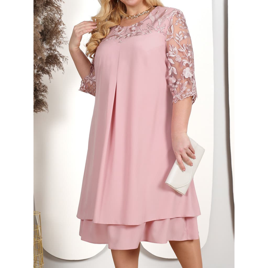 vestido midi De Festa Feminino Bordado chiffon Retalhos Em Torno Do Pescoço Manga Cinco Quartos midi plus size