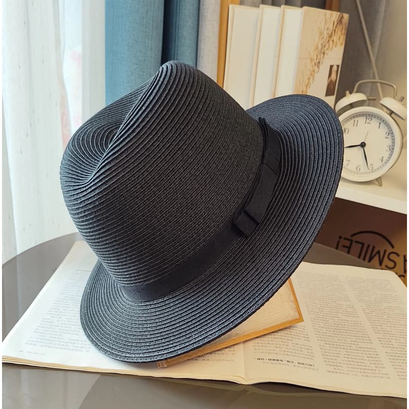 Chapéu de palha preto francês estilo influenciador feminino verão Retro arco chapéu guarda-sol aba plana chapéu férias v