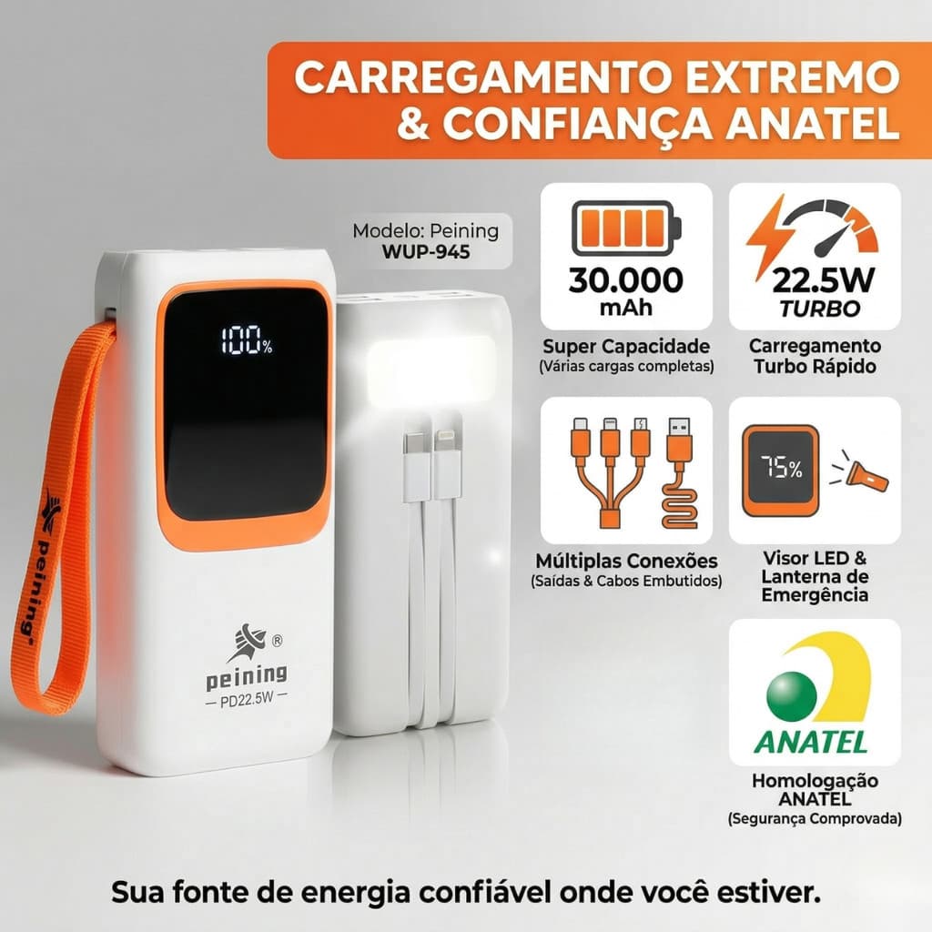 Carregador Power Bank Portátil 30000mah Super Rápido 22.5w Original Peining Branco