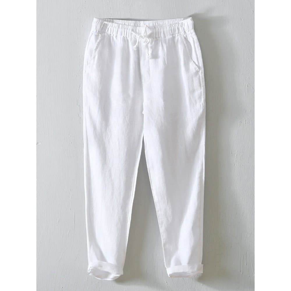 Calças de linho com cordão estilo japonês Calças masculinas primavera verão calças casuais brancas soltas retas estilo s