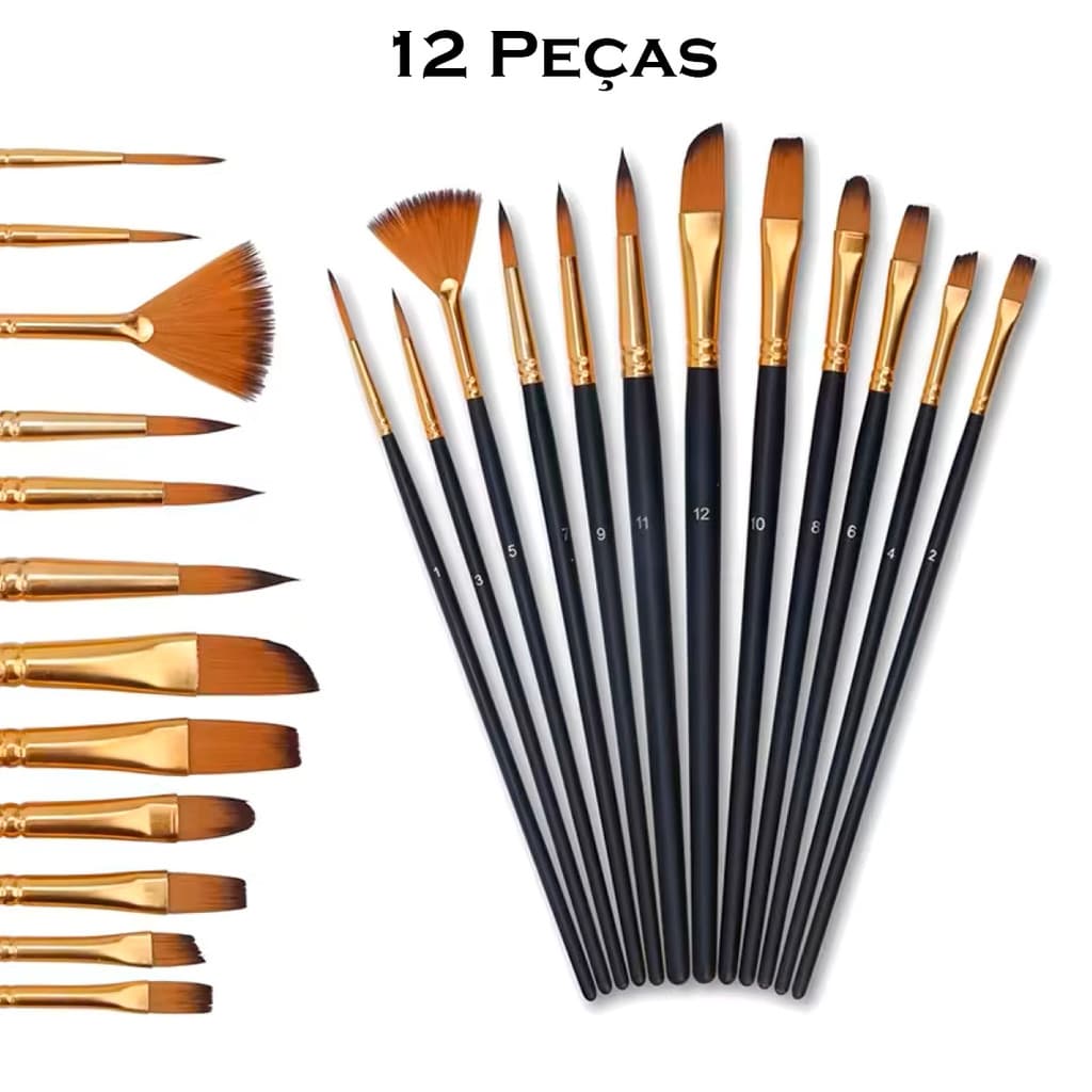 Kit 12 Pincéis Para Pintura Profissional Artesanato Tinta Acrílico Aquarela Óleo Guache Cerda Macia