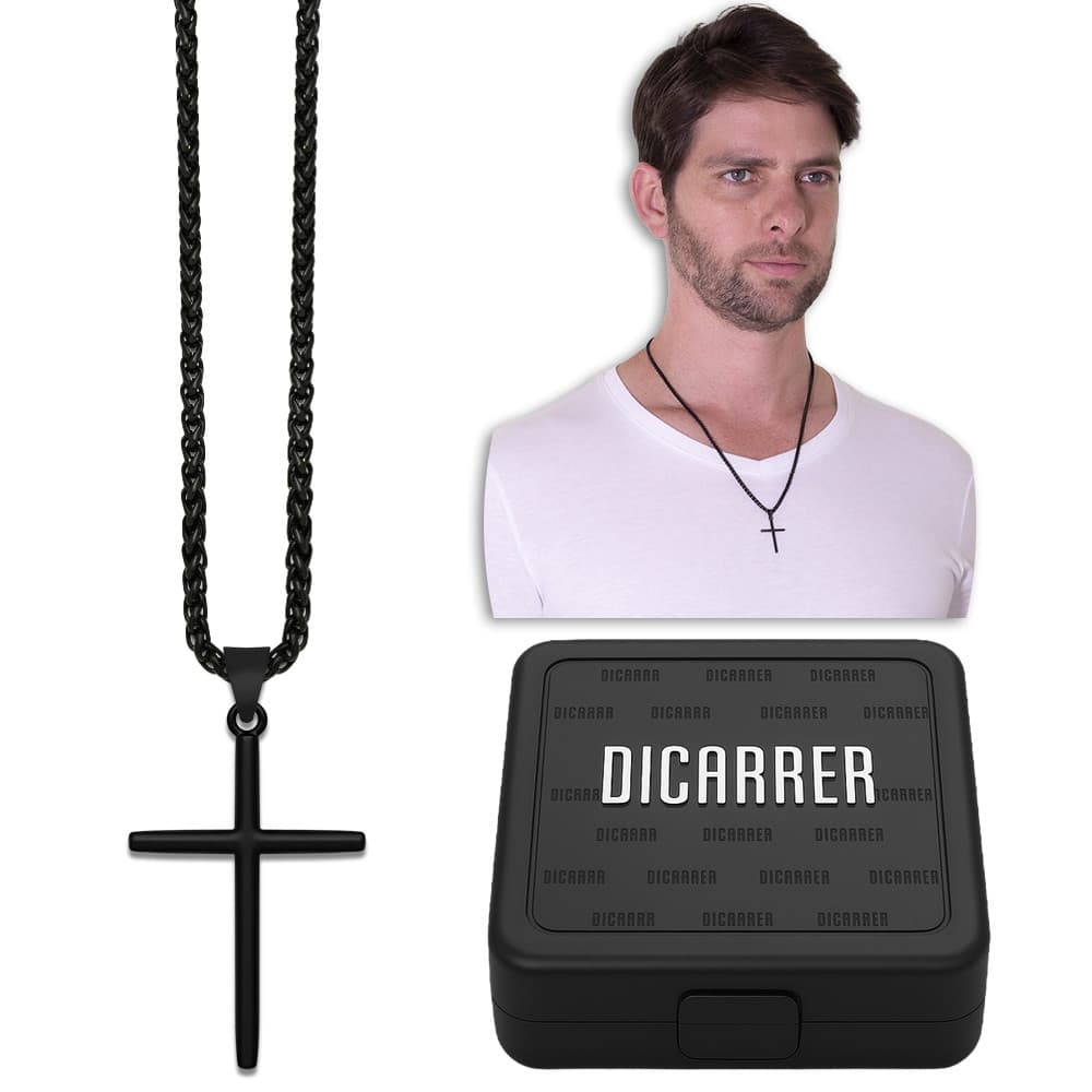 Corrente Cordão Preto Pingente Cruz RF-41 Aço Inox Unissex