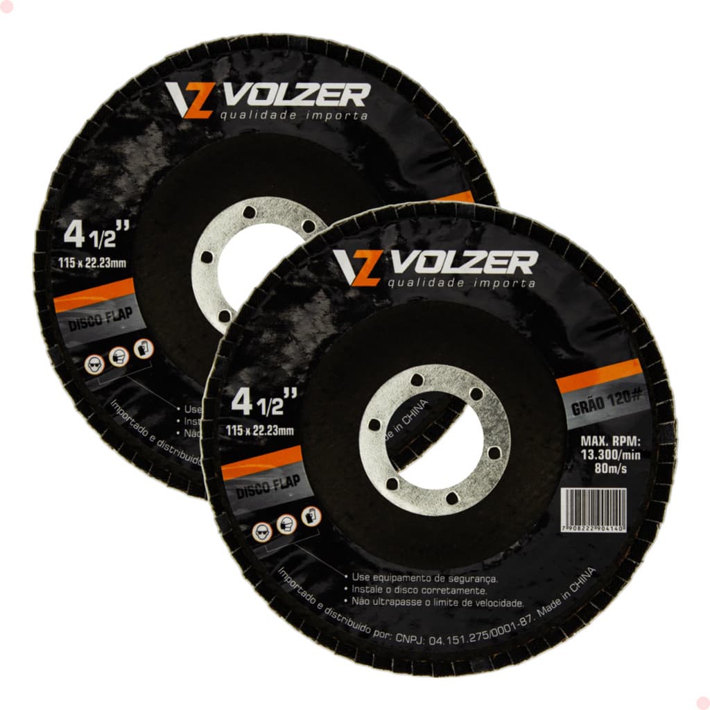 Kit de 2 Discos Flap Volzer de Grão 120 de 4 1/2 Pol 115 mm Para Acabamento e Desbaste