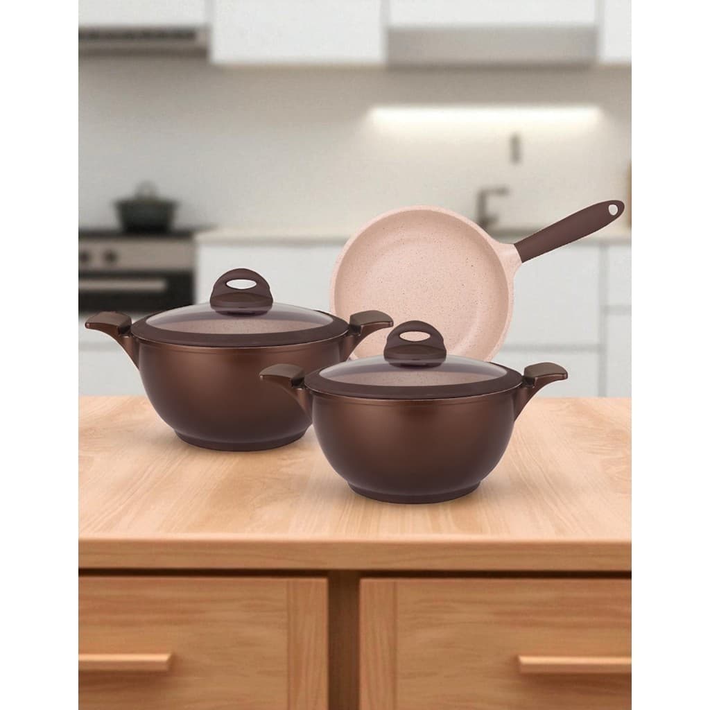 Conjunto Panelas Belga 3 Peças MTA Antiaderente Ceramic-Flon Premium Caçarolas e Frigideira Marmorizada