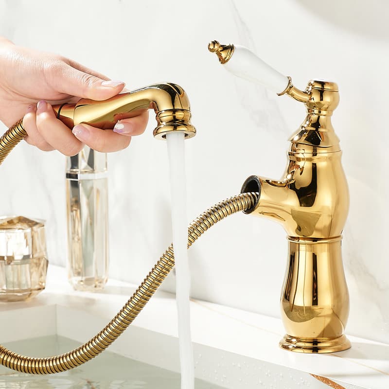 Ouro todo o cobre Pull-out torneira bacia lavatório do banheiro lavatório quente e frio armário do banheiro doméstico