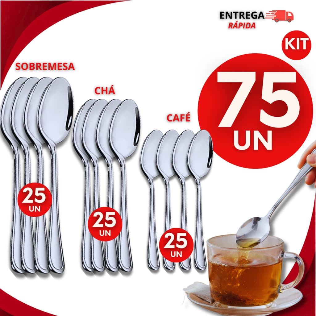 Kit 75 Colher De Sobremesa Café e Chá Inox Para Casa Festas Cozinha Eventos Buffet Talheres Colheres