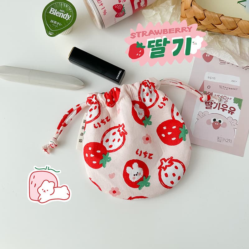 Morango bolsa com cordão bolso feminino armazenamento almofada de ar batom pequeno saco cosmético grosso algodão doce bo