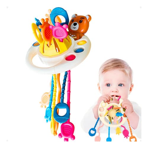 Brinquedo Bebê Montessori Mordedor Sensorial Silicone Atividade Cognitiva Chocalho Puxar Corda