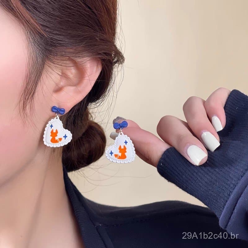 Little Fox~Design Original Estilo Japonês e Coreano Brincos Fofos em Forma de Coração com Laço para Meninas Modernas e E