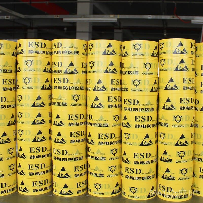 Fita de proteção eletrostática ESD, sinal amarelo de zona de proteção antiestática em inglês, fita de advertência em PVC