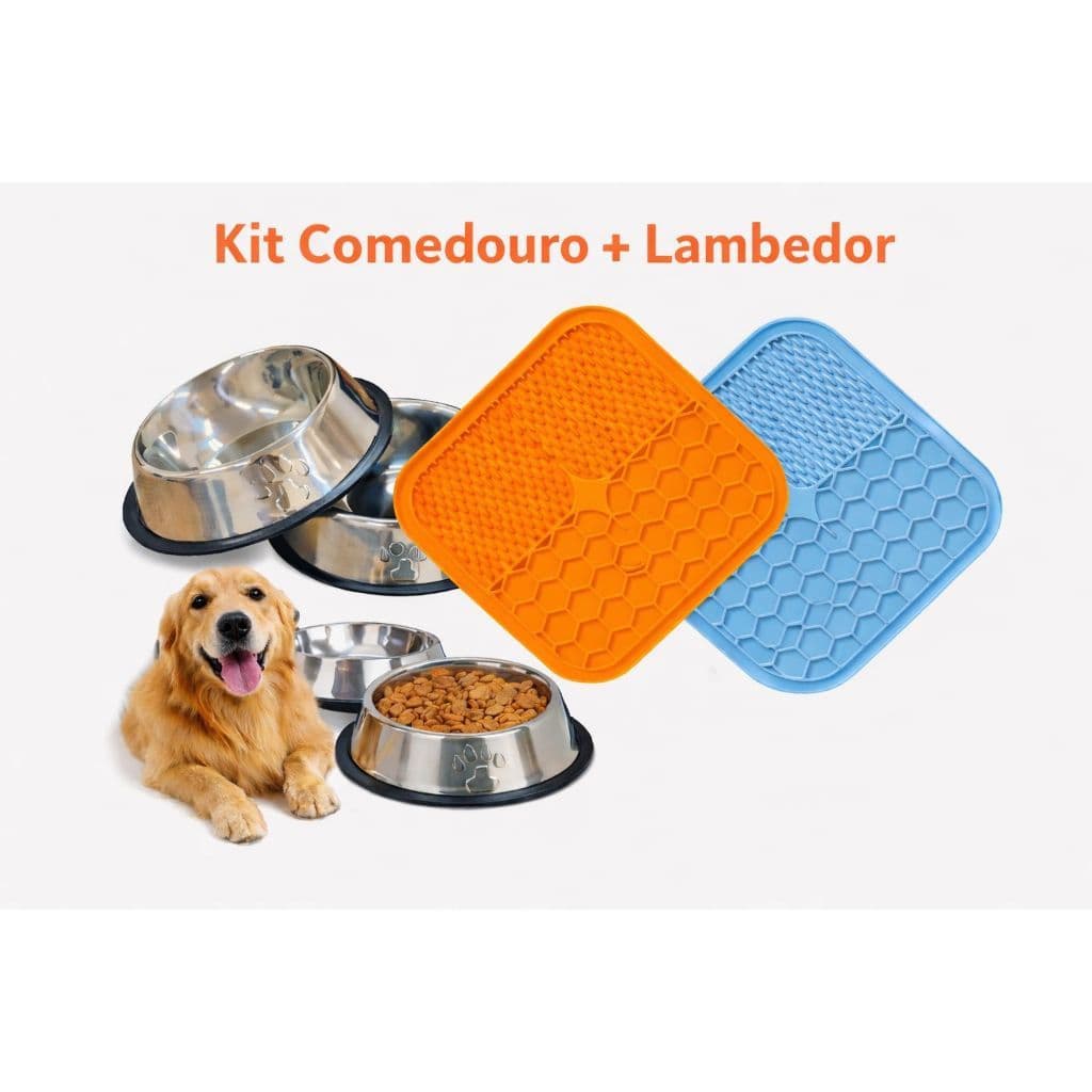 Kit Lambedor + Comedouro Bebedouro Tigela Pet Gato Cachorro Inox Antiderrapante