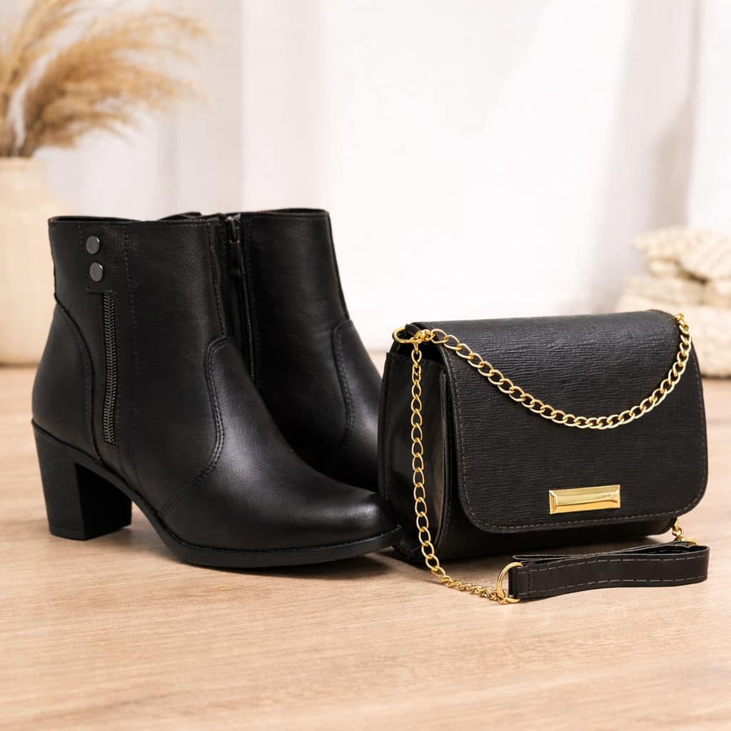 Bota Botinha Feminina Inverno Cano Curto Com Ziper + Bolsa Festa