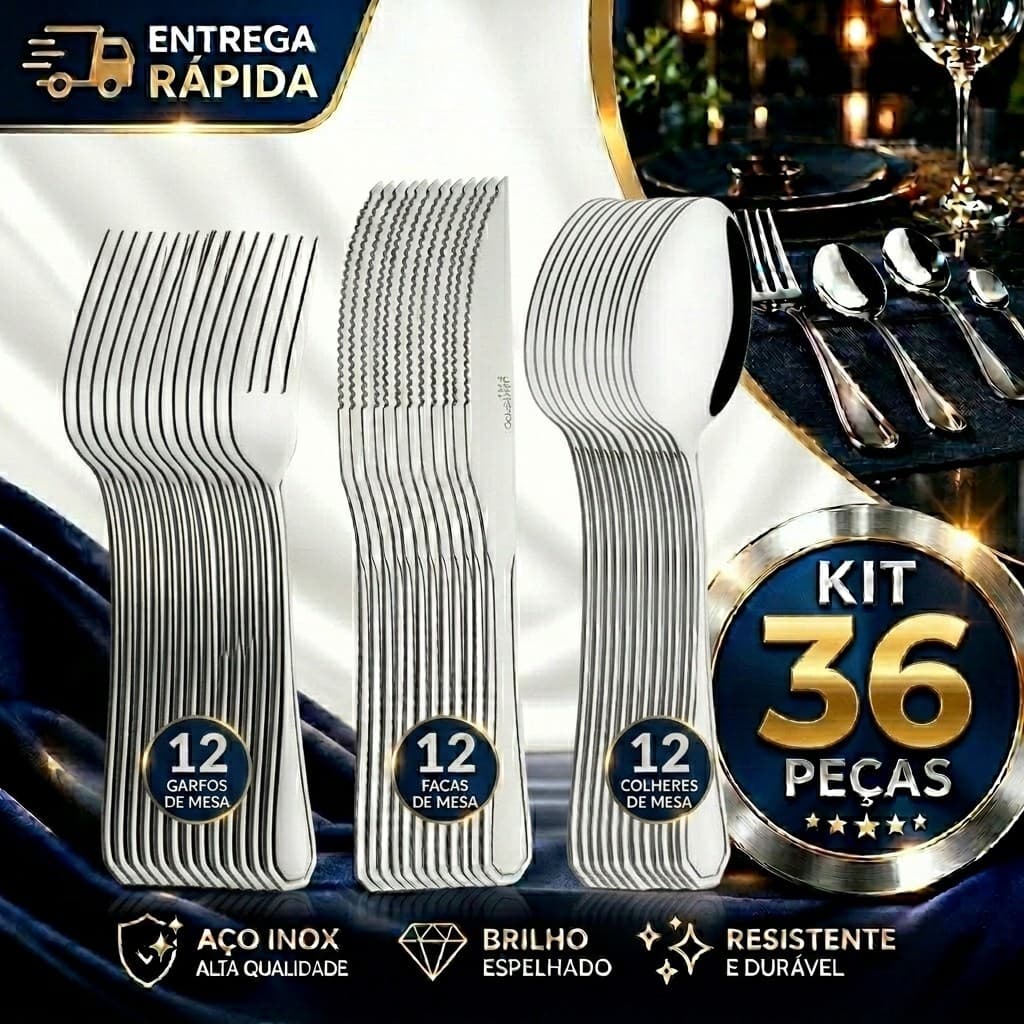Conjunto Jogo de Talheres 36 peças Aço Inox 12 Facas 12 Garfos  12 Colheres de Mesa Casa Restaurante Qualidade Exlusiva