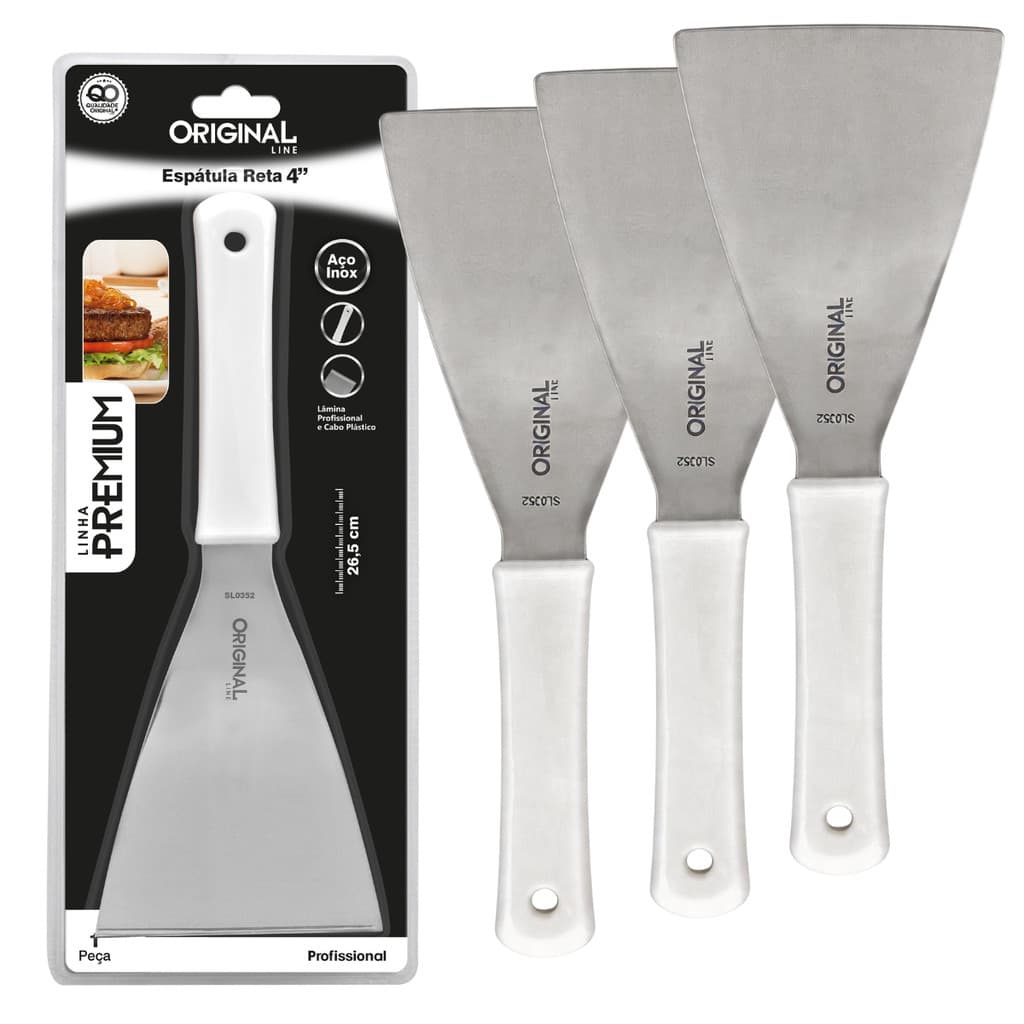 Kit 3 Espátulas Inox Reta 4 Chapeiro Chapa Pizza Cor Branco