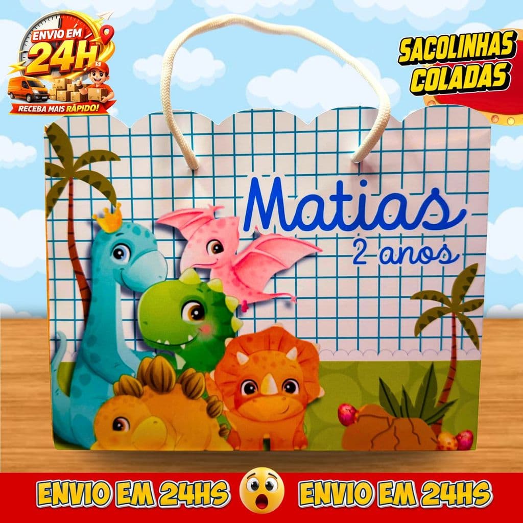 Sacolinhas Dino baby Personalizadas - Lembrancinhas Infantil Dinossauro Premium com Nome e Idade