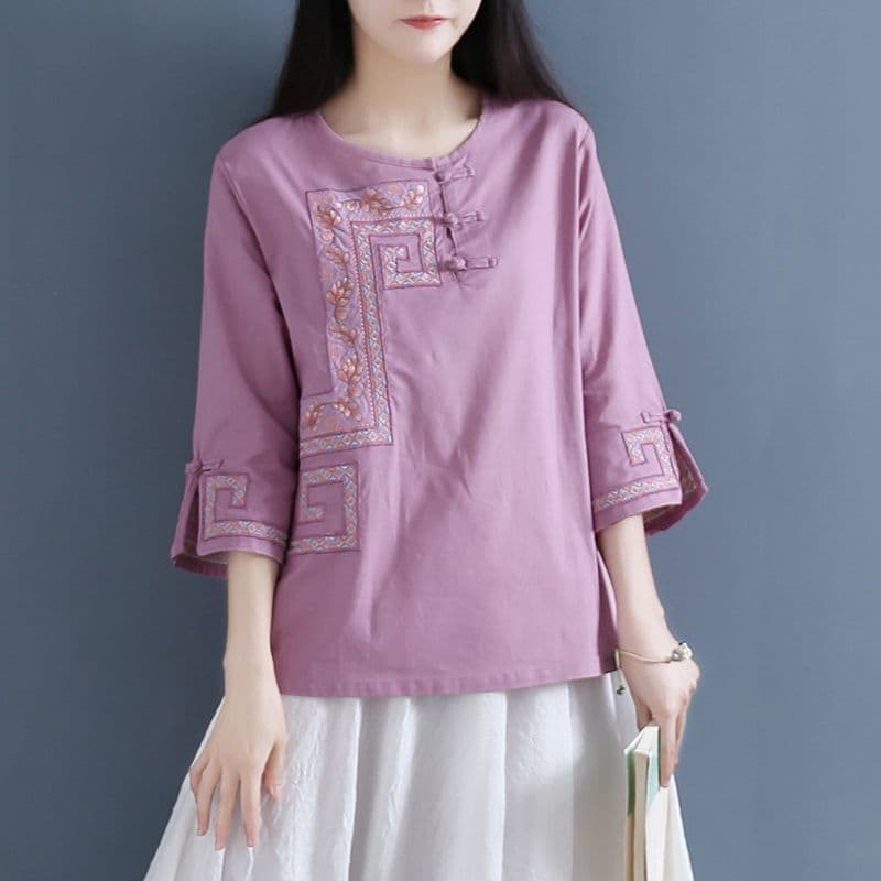 2025 primavera verão novo Retro abotoado linho topo algodão camisa de linho feminino estilo chinês em torno do pescoço c