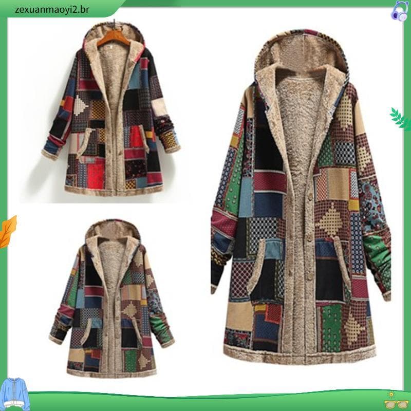 Inverno Feminino Casaco Quente Imprimir Grosso Velo Com Capuz Longo Casaco com Bolso Senhoras Solto Outwear Casaco