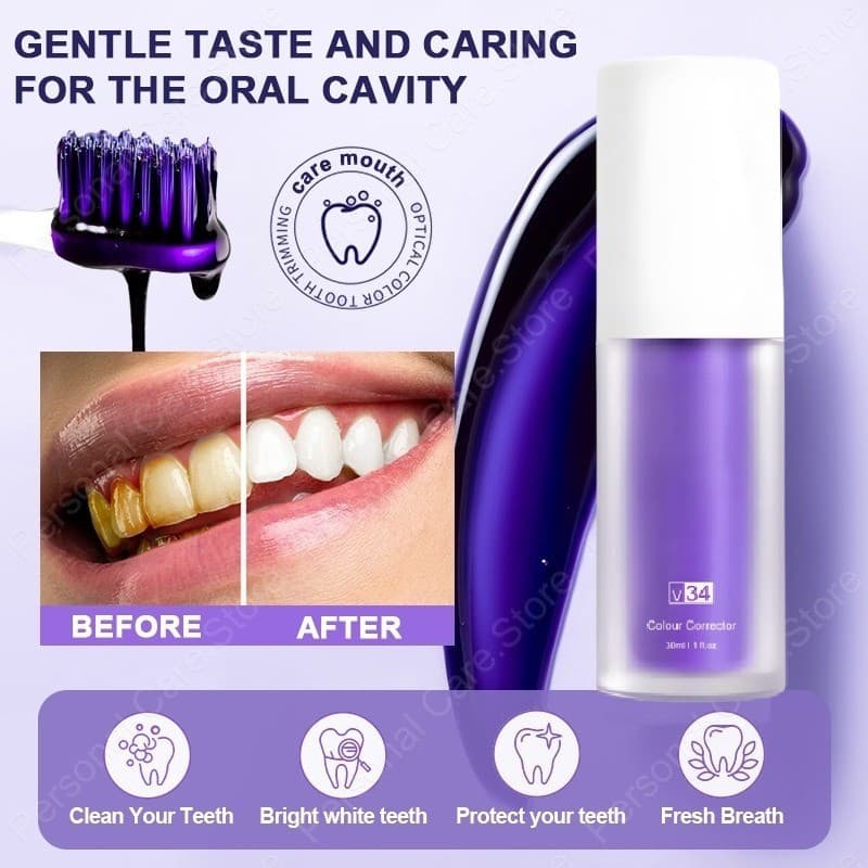 Pasta De Dente Corretiva De Cor Roxa V34 Para Dentes E Gengivas Sensíveis-Neutraliza Suavemente Manchas Amarelas Um Sorr