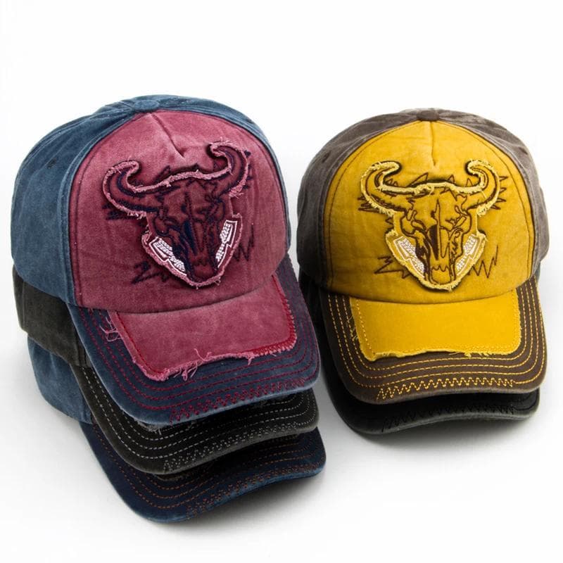 Boné de Beisebol Unissex Retrô de Denim para Primavera e Verão, Boné Casual Feminino com Cabeças de Touro Bordadas, Boné