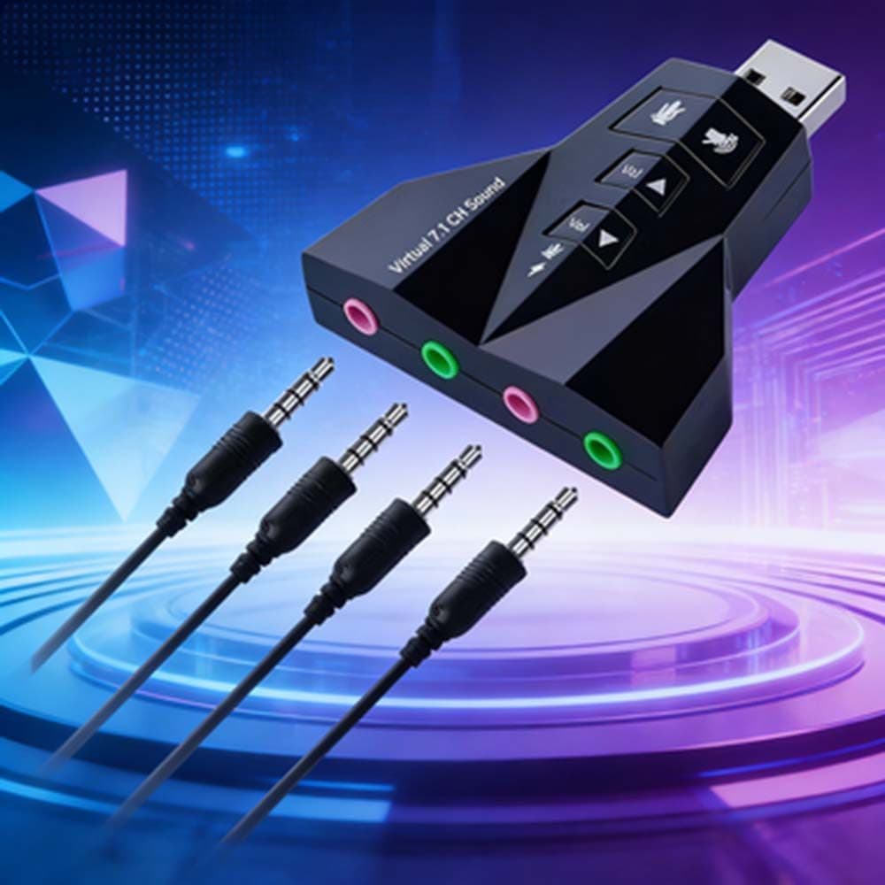 Adaptador de Placa de Som USB 7.1 – Compatível com Fone, Microfone, PC e Notebook