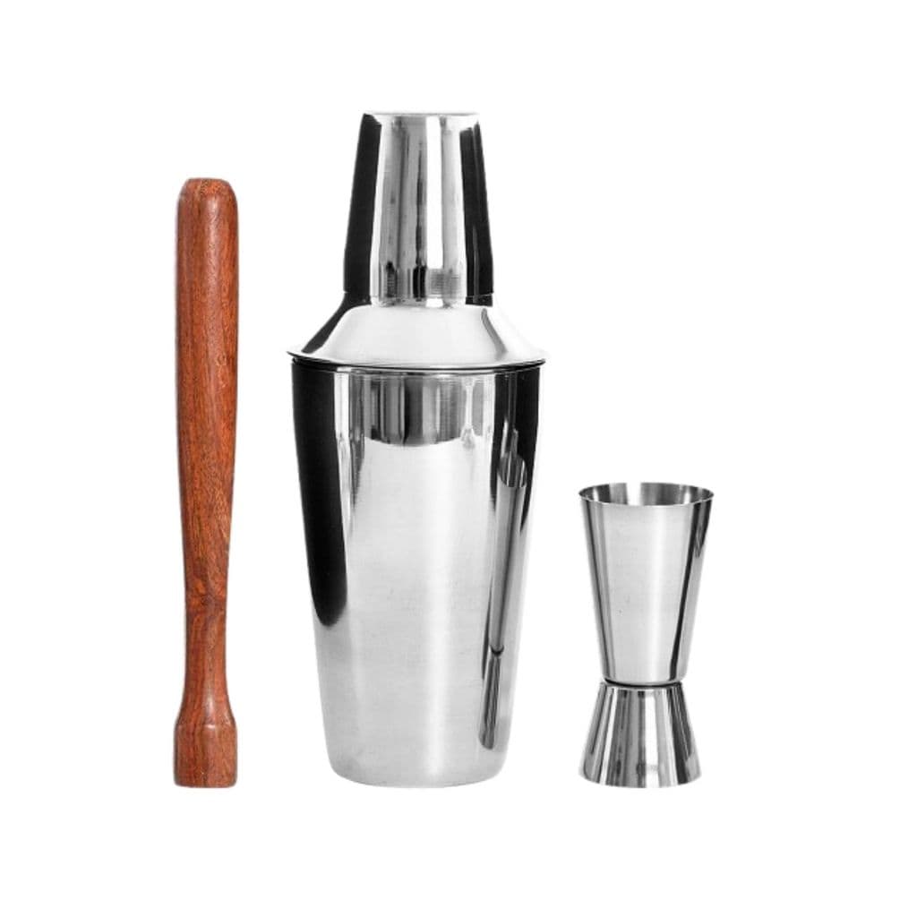 3 conj - Kit BAR - Coqueteleira 500ml + Copo Dose Duplo + Socador de Madeira