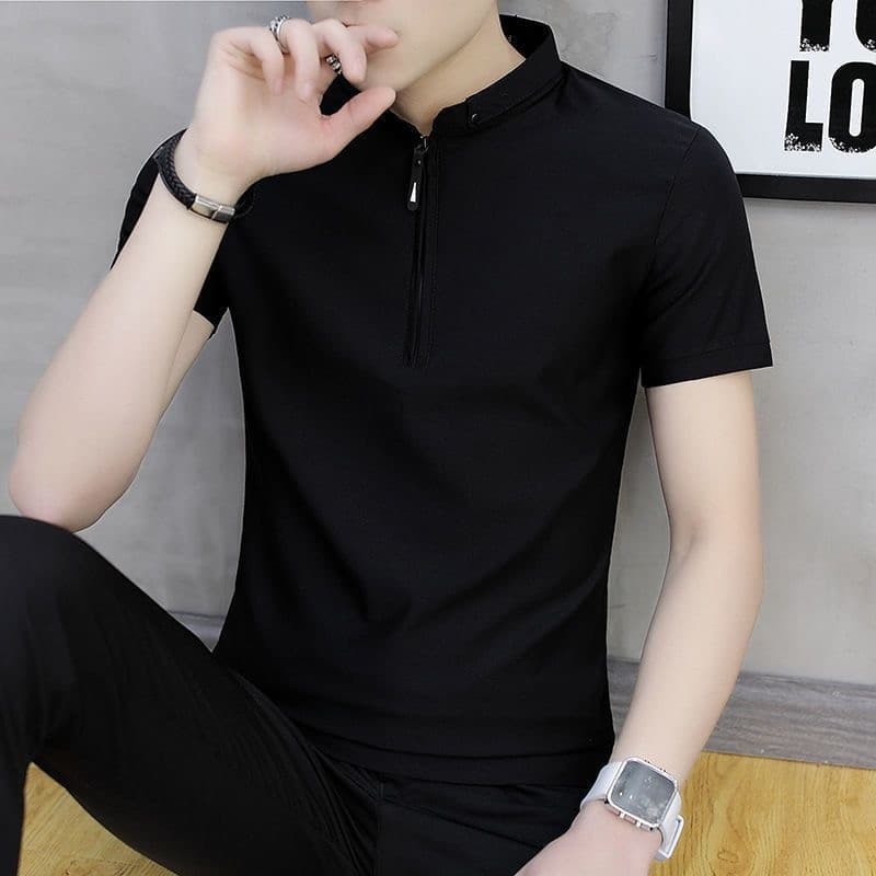 Camisa POLO masculina verão de manga curta camiseta gola alta zíper fino ajuste Casual tendência de negócios lapela cami