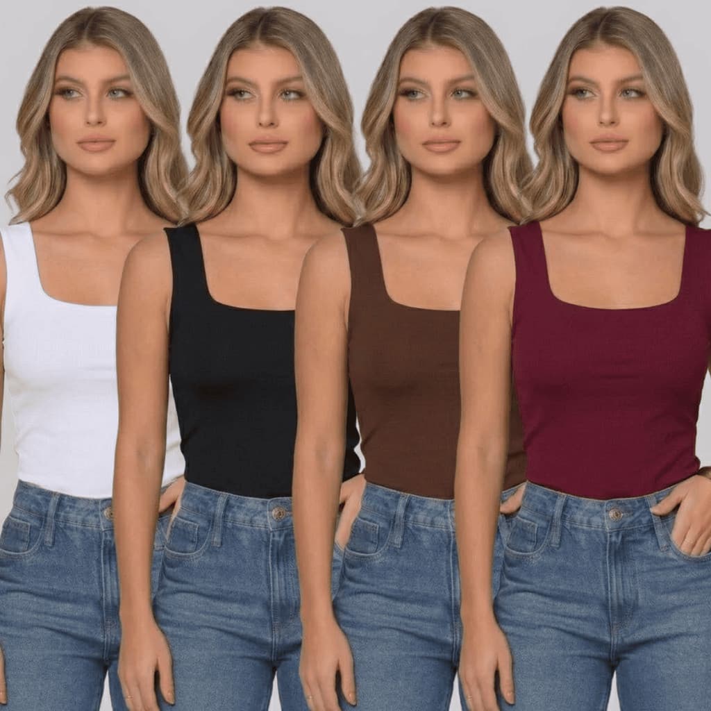 Kit Regata Feminina Suplex Gola Quadrada Forro Duplo Preto Branco Marrom Vinho Modela Corpo