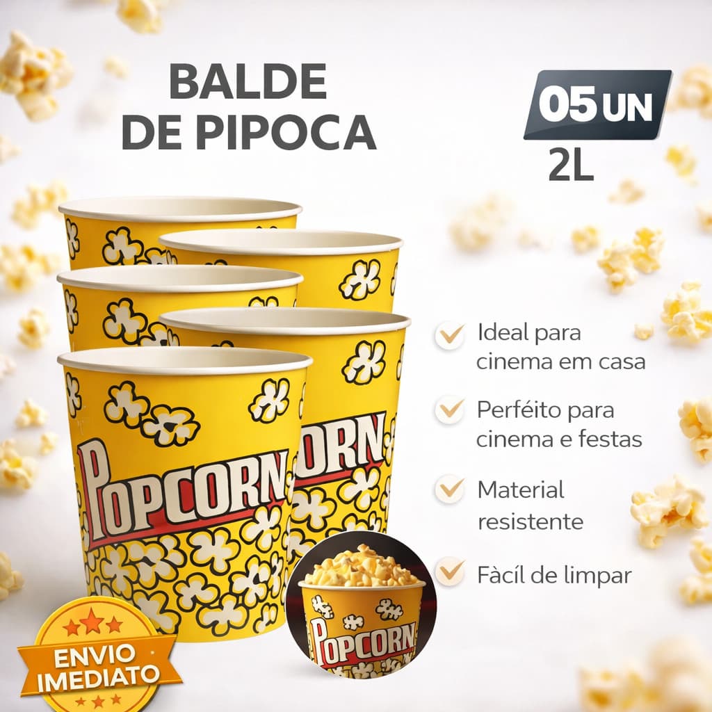 Kit 5 Balde Pipoca Pote Medio Combo Resistente Cinema Casa