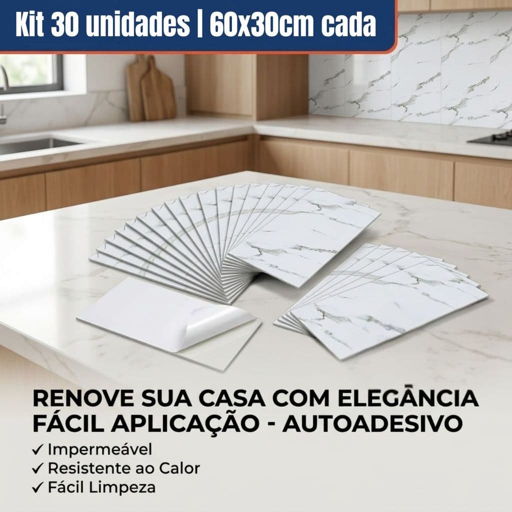 Kit 30 Placas Adesiva Mármore 60x30cm Vinil Autoadesivo