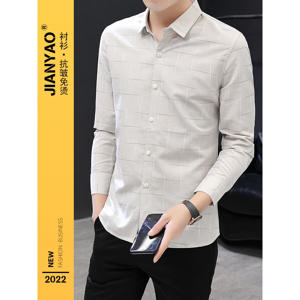 2026 novo estilo verão camisa de manga comprida masculina fino-ajuste gola alta polegada camisa primavera Street Wear Hi