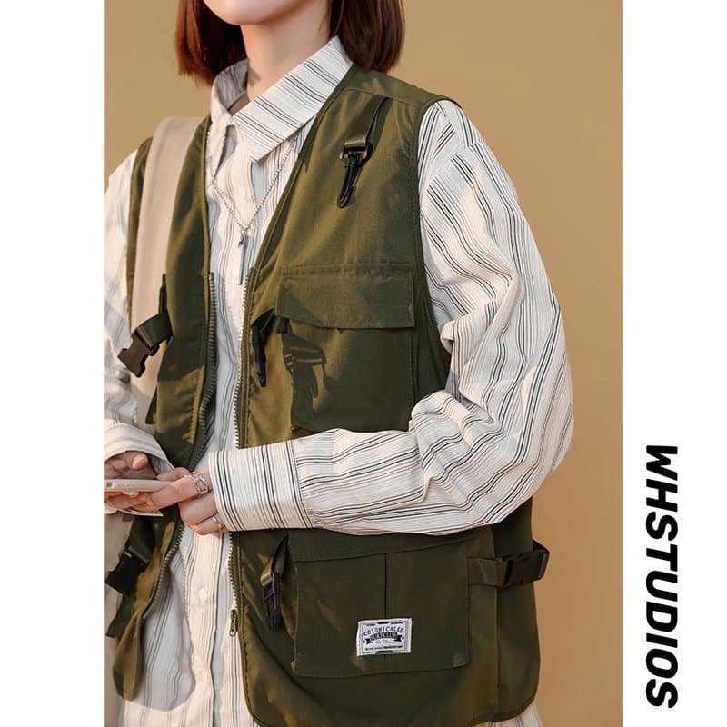 Funcional Workwear estilo Retro colete masculino High Street rufião bonito sem mangas colete verão fino oversize jaqueta