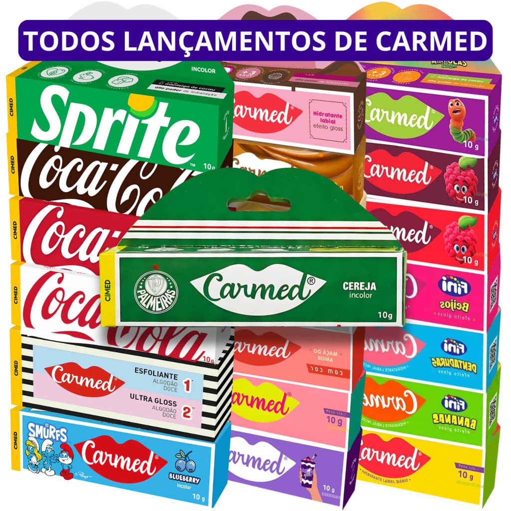 Lançamentos Hidratante Labial Carmed Palmeiras, Máscara de Chocolate, Sprite, Coca-Cola, Stranger Things, Smurfs, Fini.