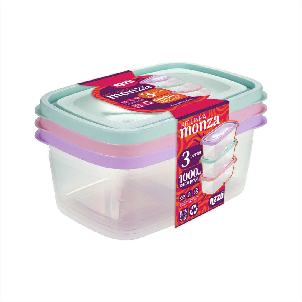 Kit 3 Potes Duplos De Plástico Organizador Marmita Lanches 1000ml Freezer Micro-ondas Cor Sortida