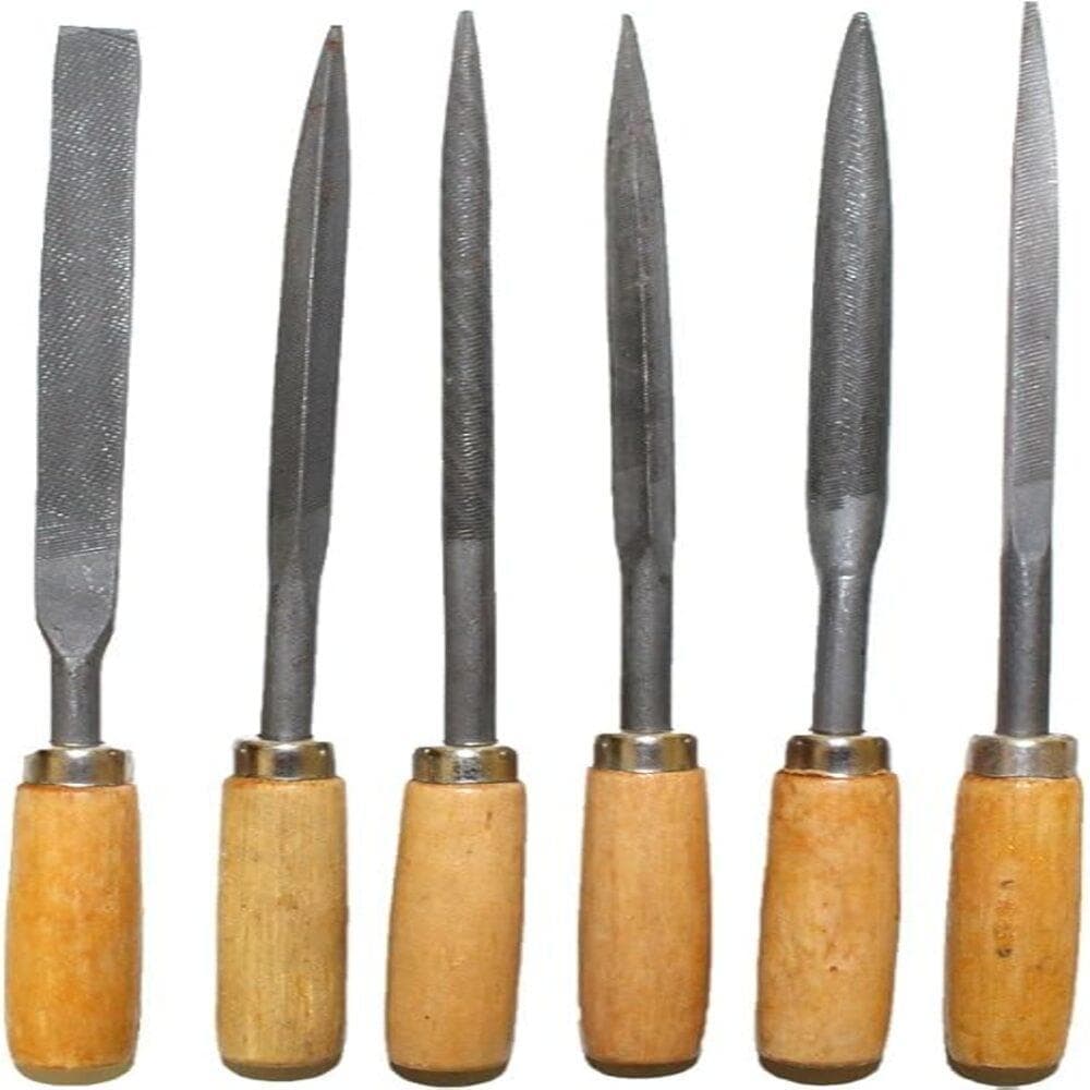 Kit 6 Limas Agulha com Cabo Madeira Jogo Multiuso Afiar Triangular Redonda Ourives Reparo Ajustagem