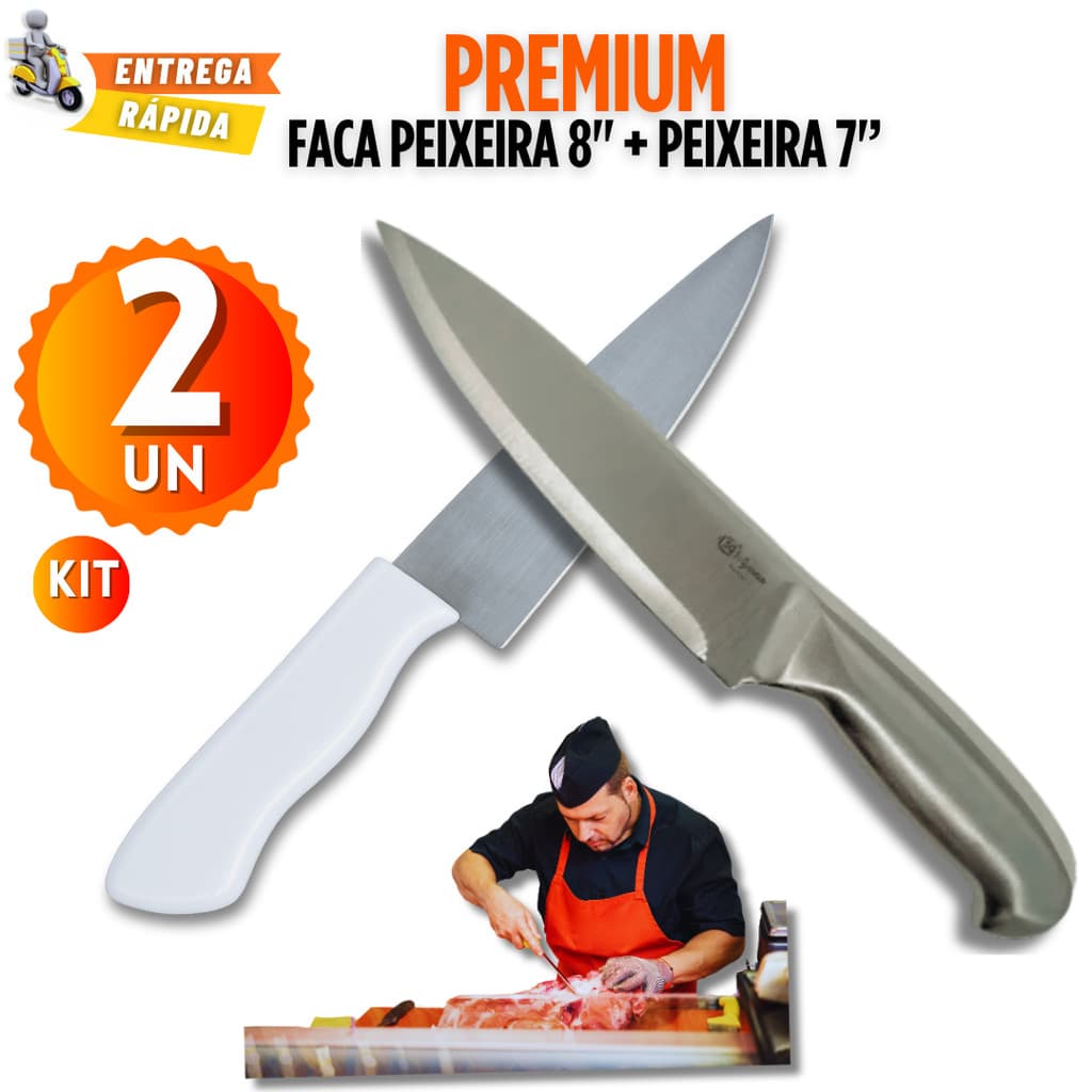 KIT 2 / 1 DUO PREMIUM: FACA PEIXEIRA 8" CABO BRANCO + FACA PEIXEIRA 7" INOX PROFISSIONAL