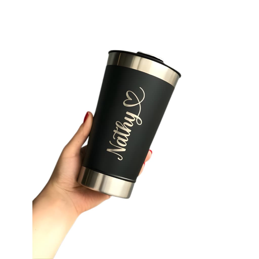 Copo Térmico Inox personalizado com seu NOME/LOGO/DESENHO/TIME/ tampa e abridor 473ml, Copo