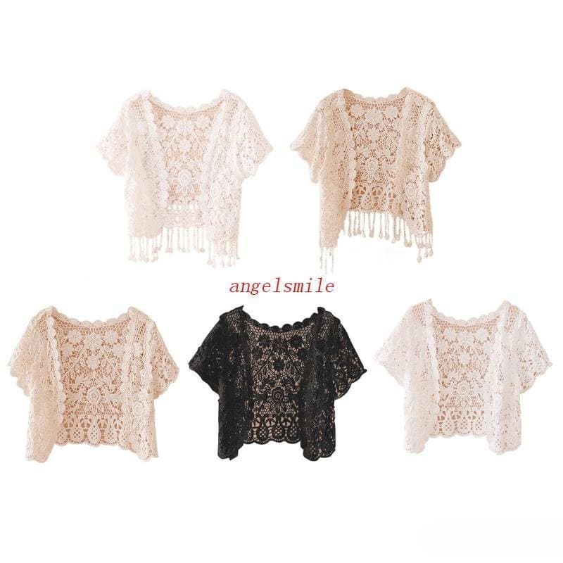 Jaquetas Bolero Femininas Lua Crochê com Franjas Florais de Manga Curta Corte Aberto