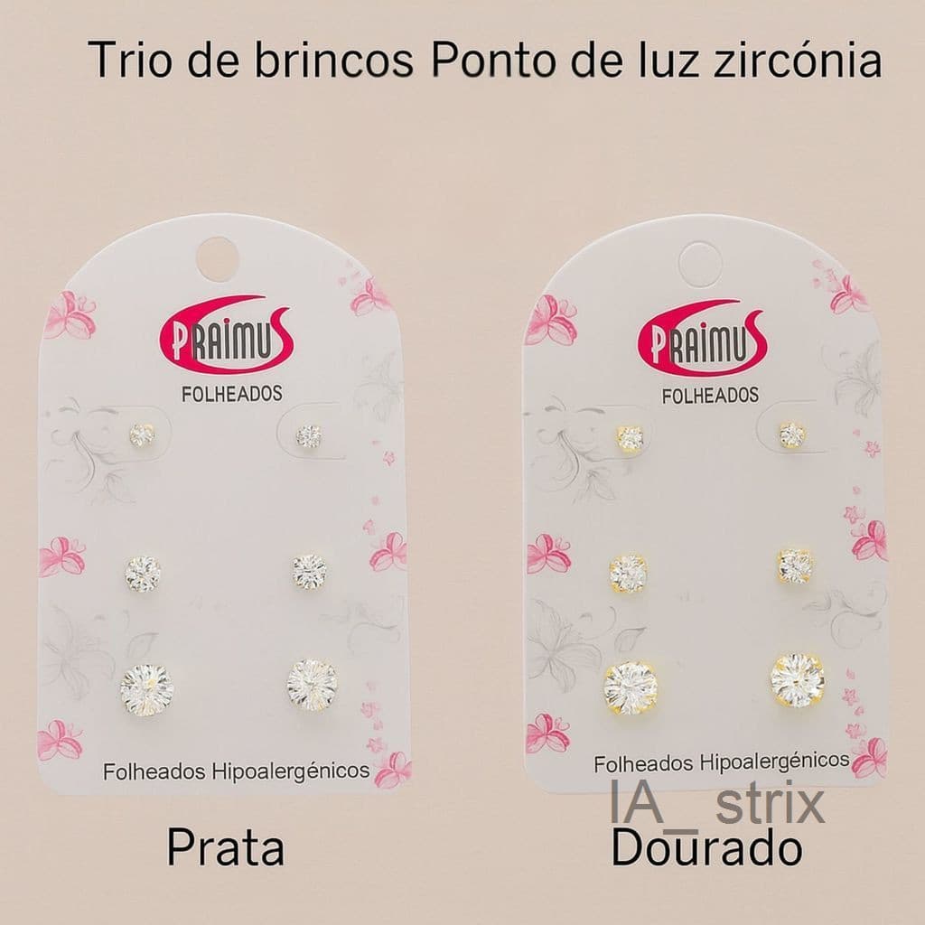 (V)Trio de Brincos Ponto de Luz Zircônia – Folheados Hipoalergênicos (Prata e Dourado)NFIN