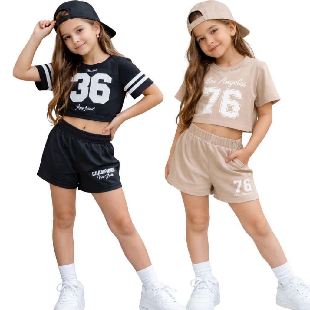 kit 02 conjuntos cropeed mais shorts menina juvenil poliéster variados