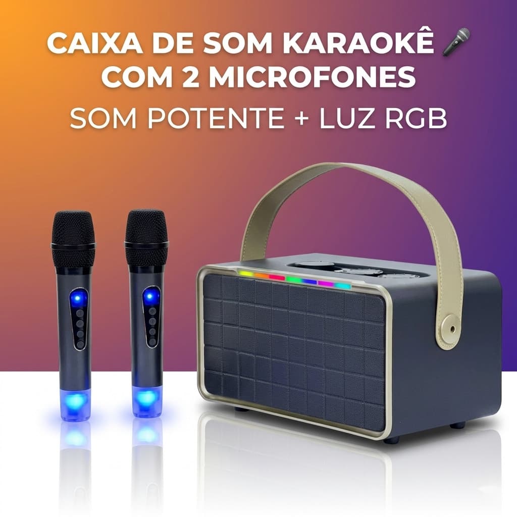 Caixa de Som Bluetooth LED RGB Alto-Falante Portátil com 2 Microfones Sem Fio Karaokê Party  Som Potente