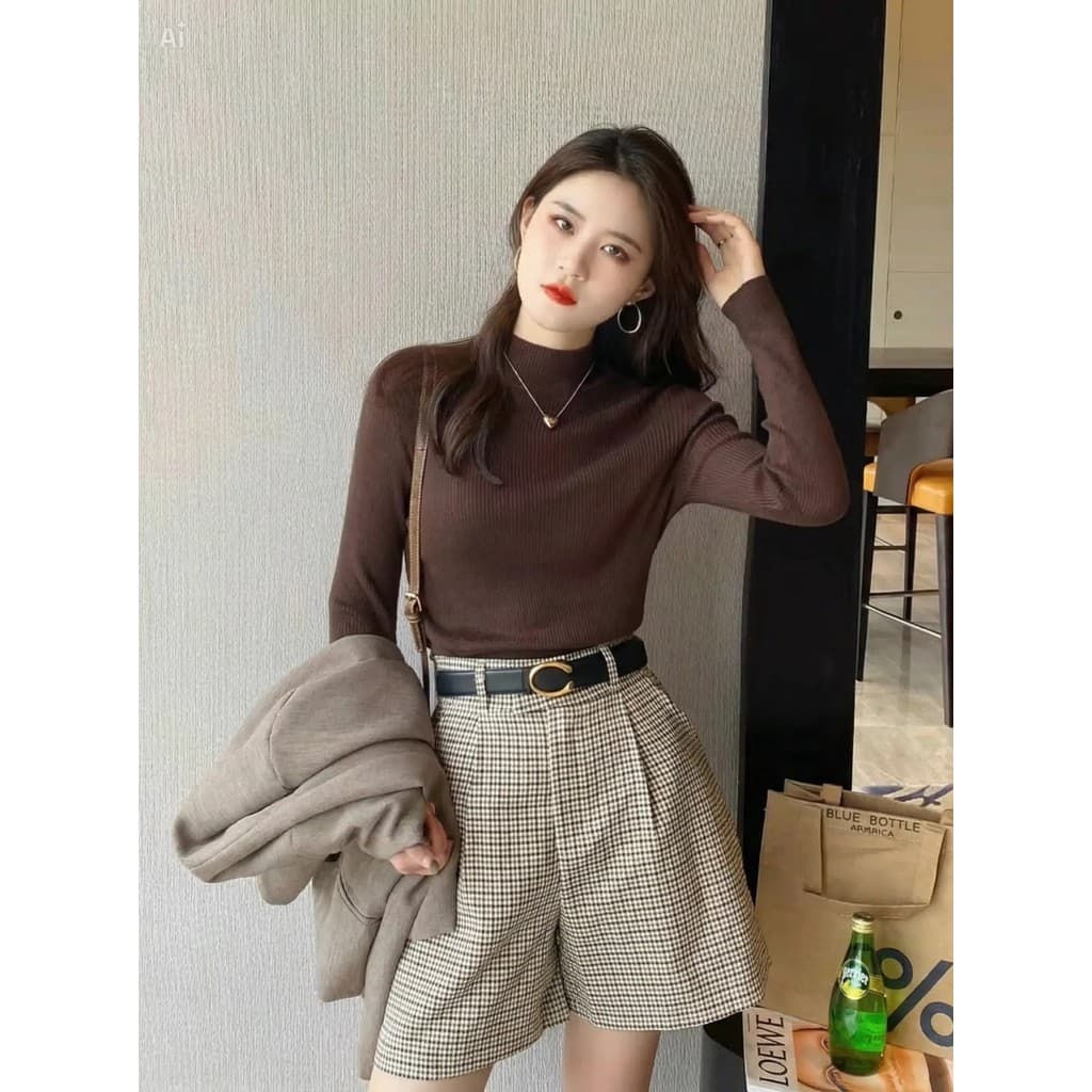 Suéter Feminino Casaco de Malha Ribana Blusa Frio de Gola Alta