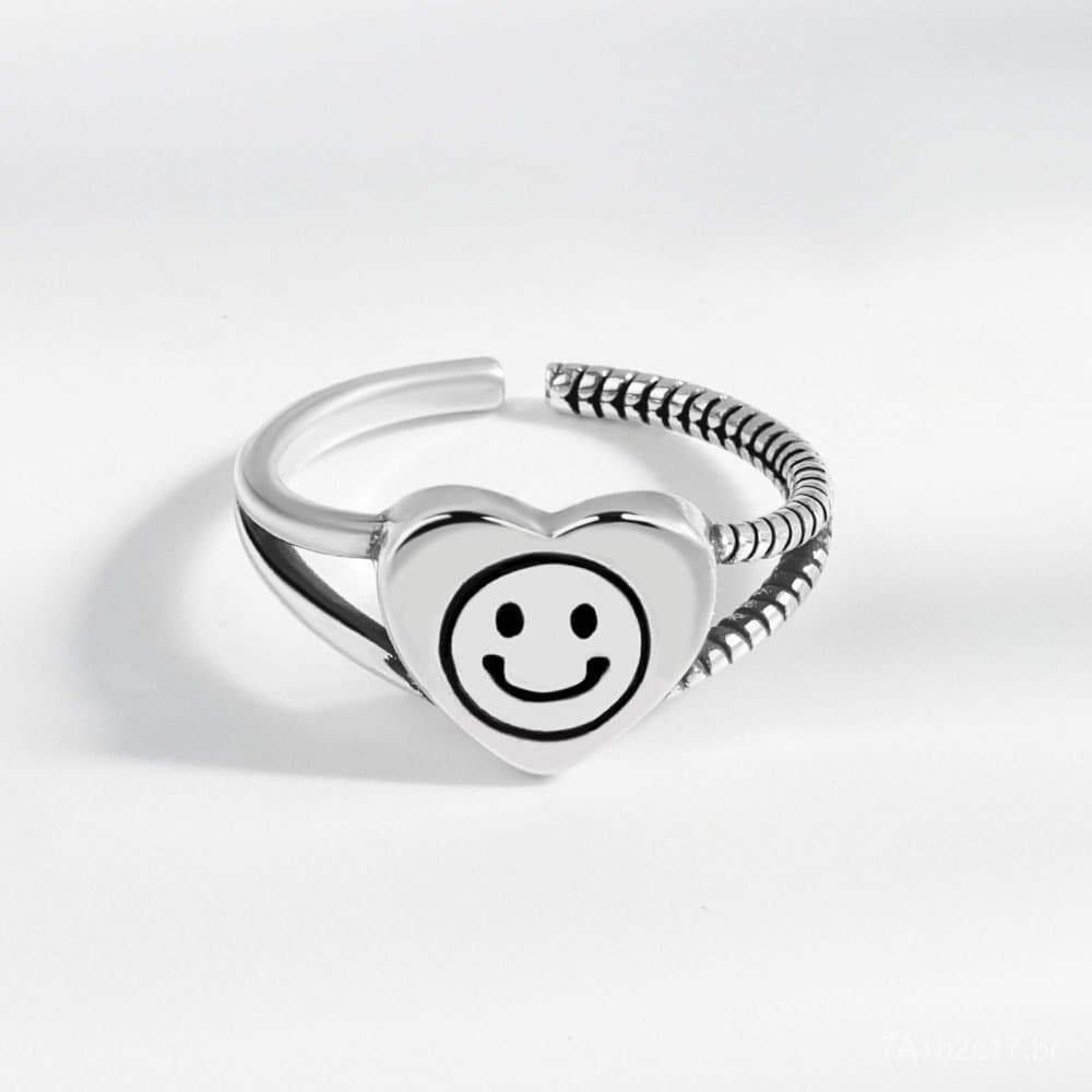 Anel de prata esterlina S925 estilo coreano e japonês em formato de coração com rosto sorridente torcido para mulheres,