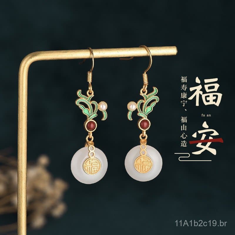 Brincos tradicionais de cloisonné dourado, imitação de jade Hetian, brincos estilo chinês com fivela de paz em estilo vi