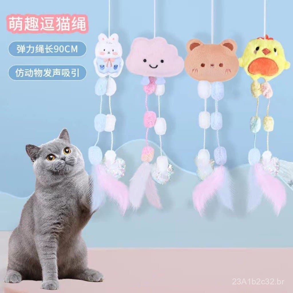 Brinquedo de gato pendurado em forma de desenho animado, com bastão elástico que balança para entreter o gato e aliviar