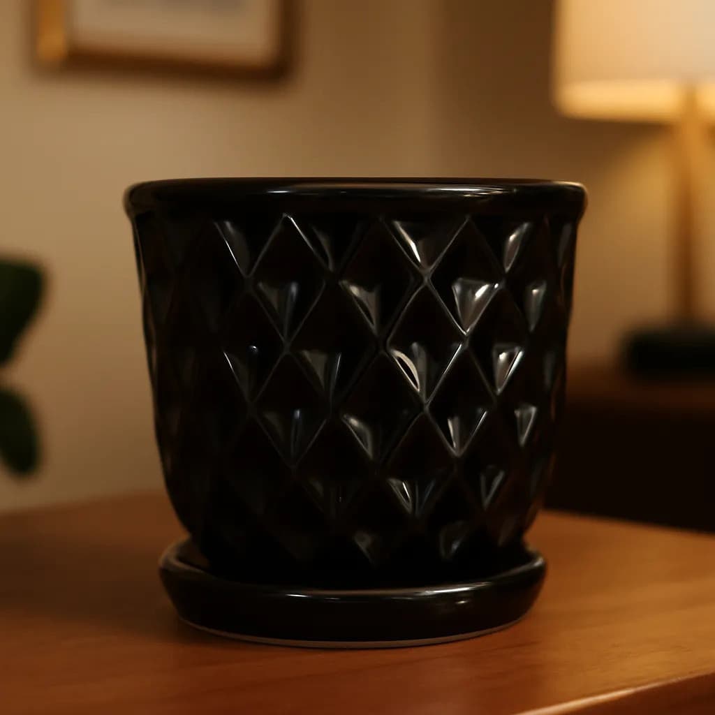 Vaso Decorativo Cardoso 13x14 Cm Para Flores C/ Prato Preto Diamond Diamante