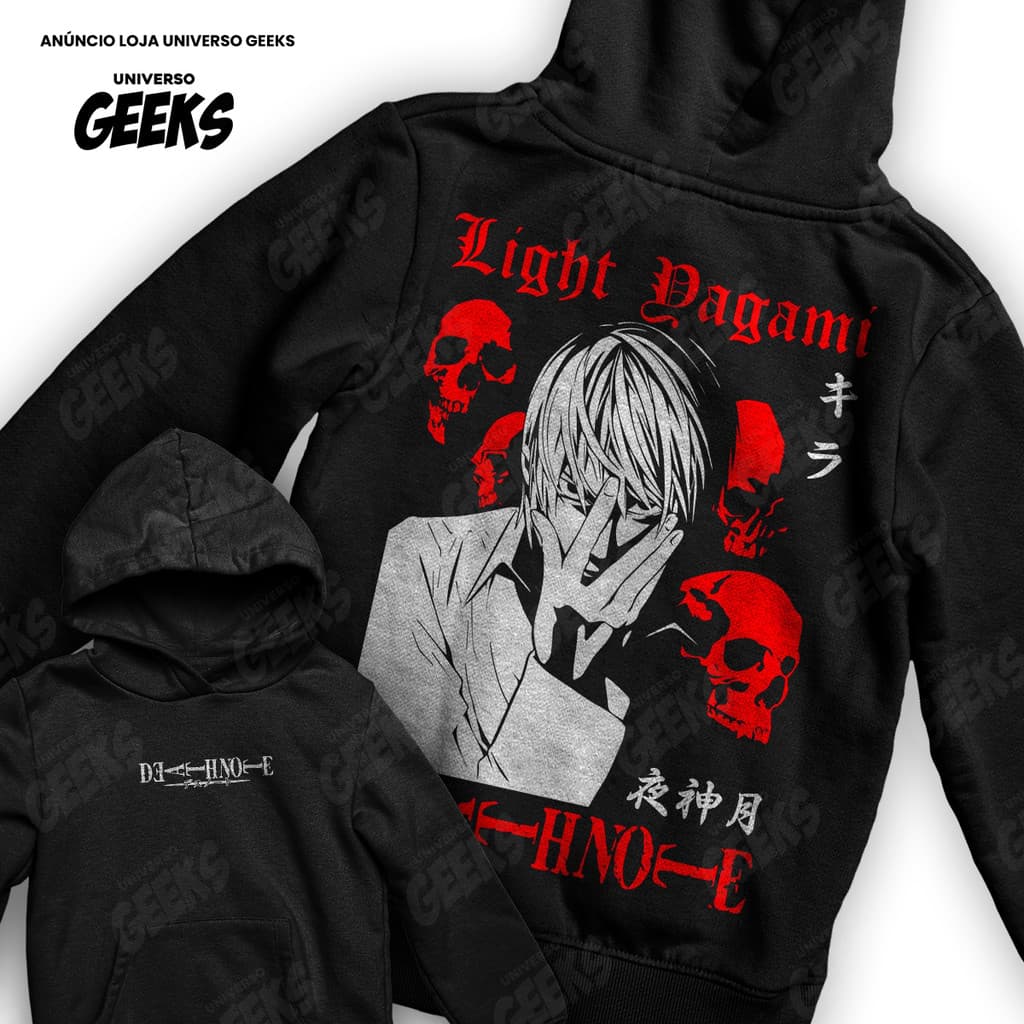 Moletom Death Note Light Yagami Kira Skulls Frente E Verso Blusa De Frio
