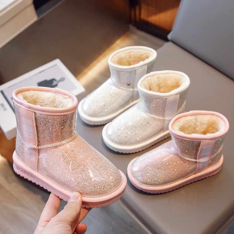 Meninas botas de neve 2024 inverno novo estilo botas crianças forro de lã engrossado grandes sapatos de algodão do bebê