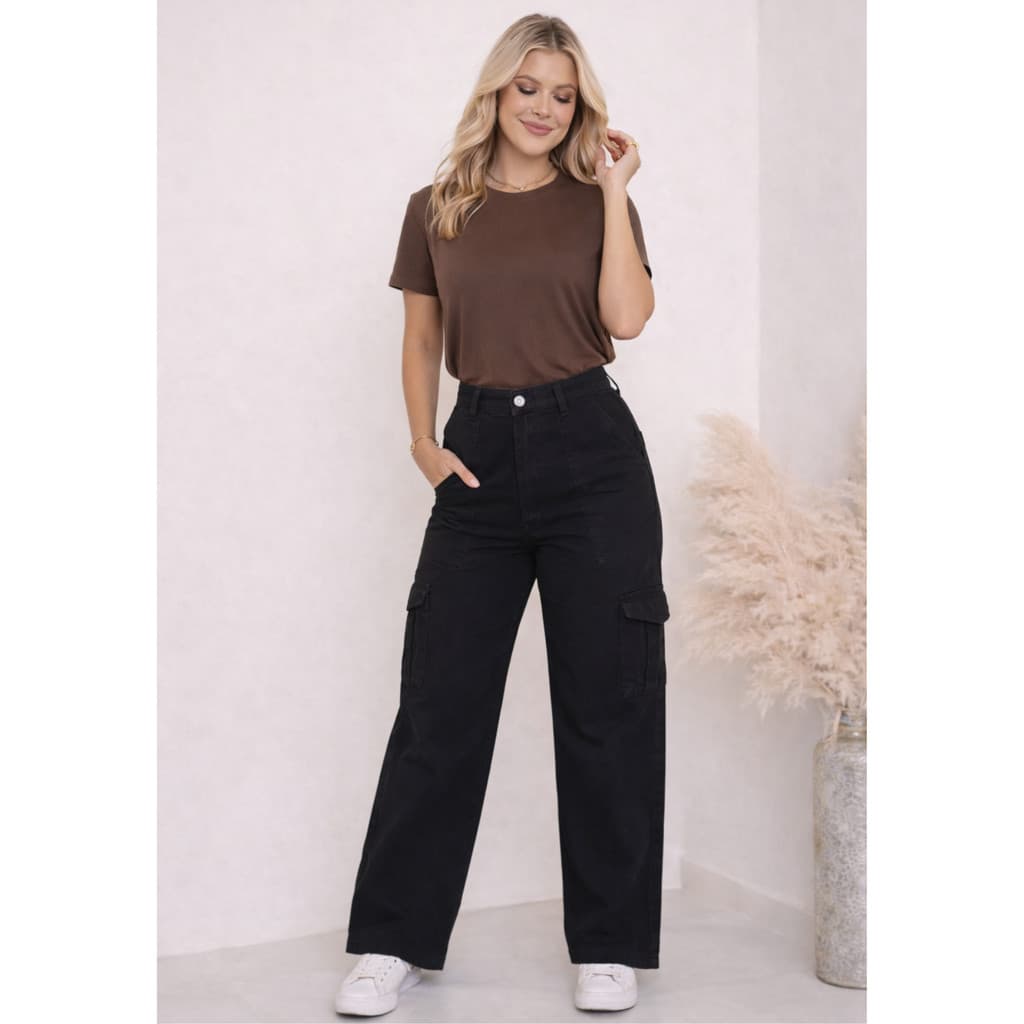 Calça Cargo Jeans Feminina Wide Leg Cintura Alta Bolso Lateral Moda Tendência moderna